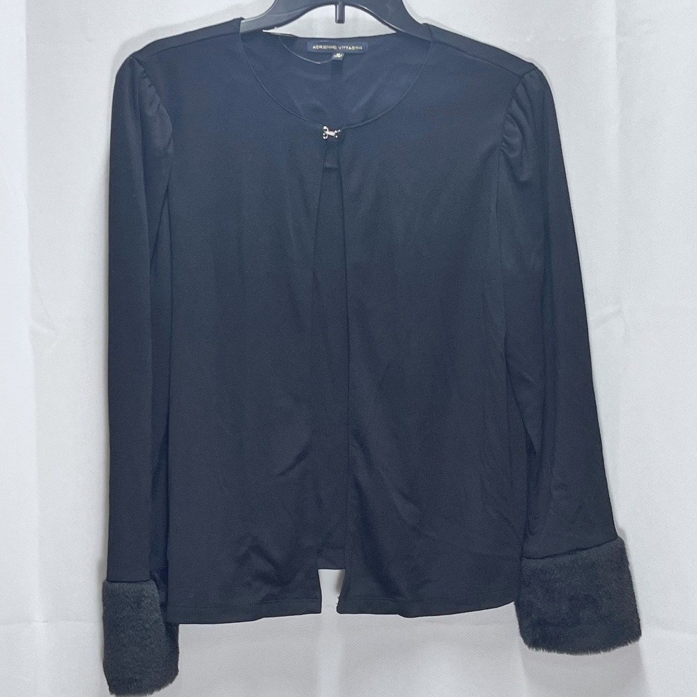 Adrienne Vittadini Black Faux Fur Cuff Cardigan Open Front Hook Eye Closure Sz M